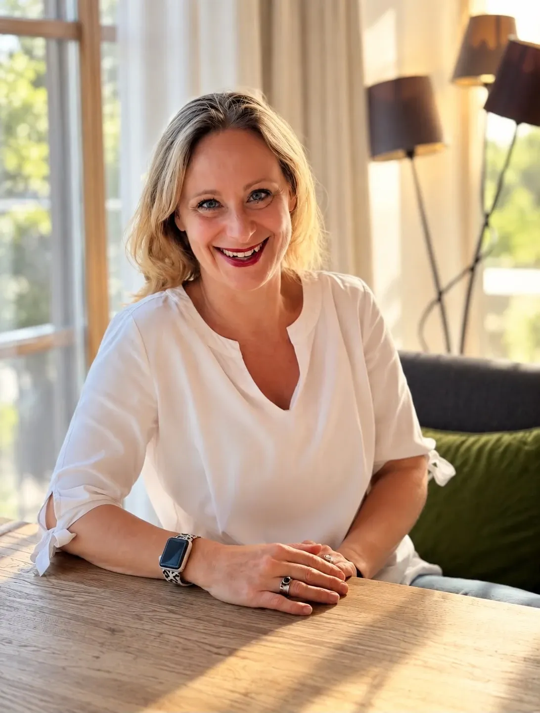 Désirée Charles lacht mit offenem Mund und rotem Lippenstift an einem Holztisch – das Profilfoto aus dem Artikel